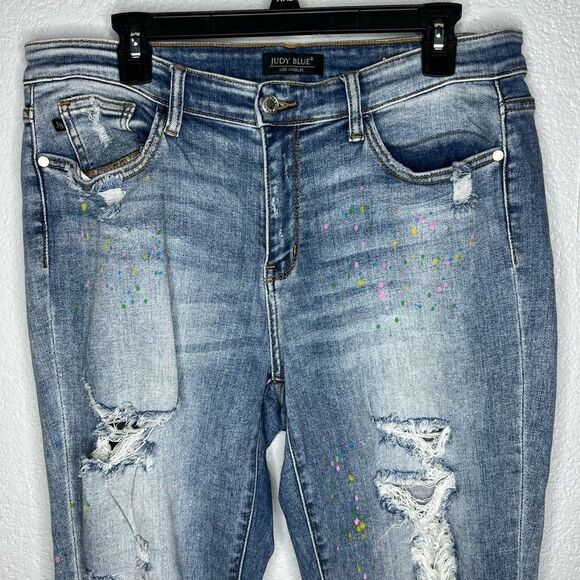 Judy Blue Boyfriend Fit Light Blue Wash Distressed Paint Speckle Jeans Sz 15/32 - Picture 4 of 12